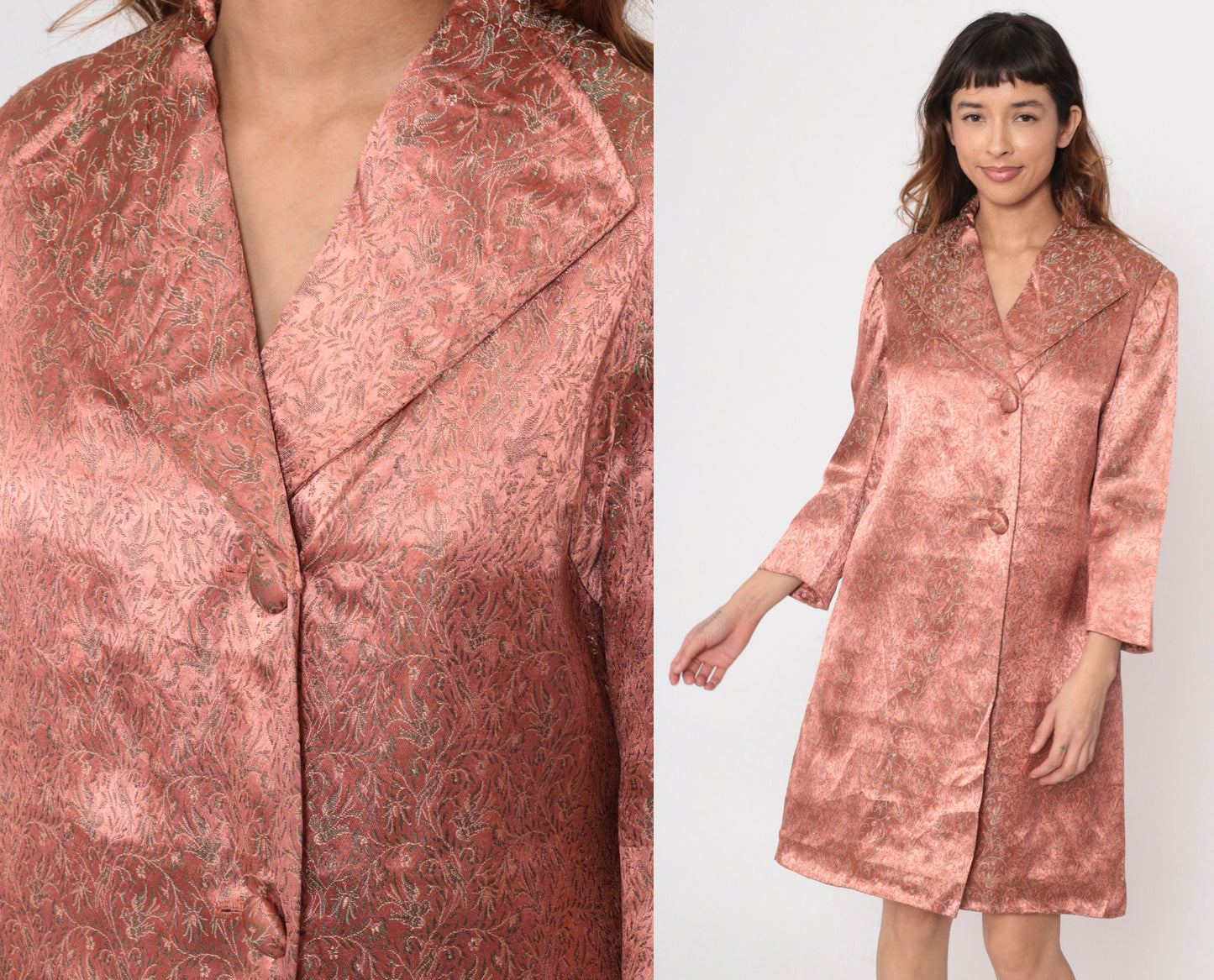 60s Pink Brocade Jacket Floral Bird Design Knee Length Button Up Medium
