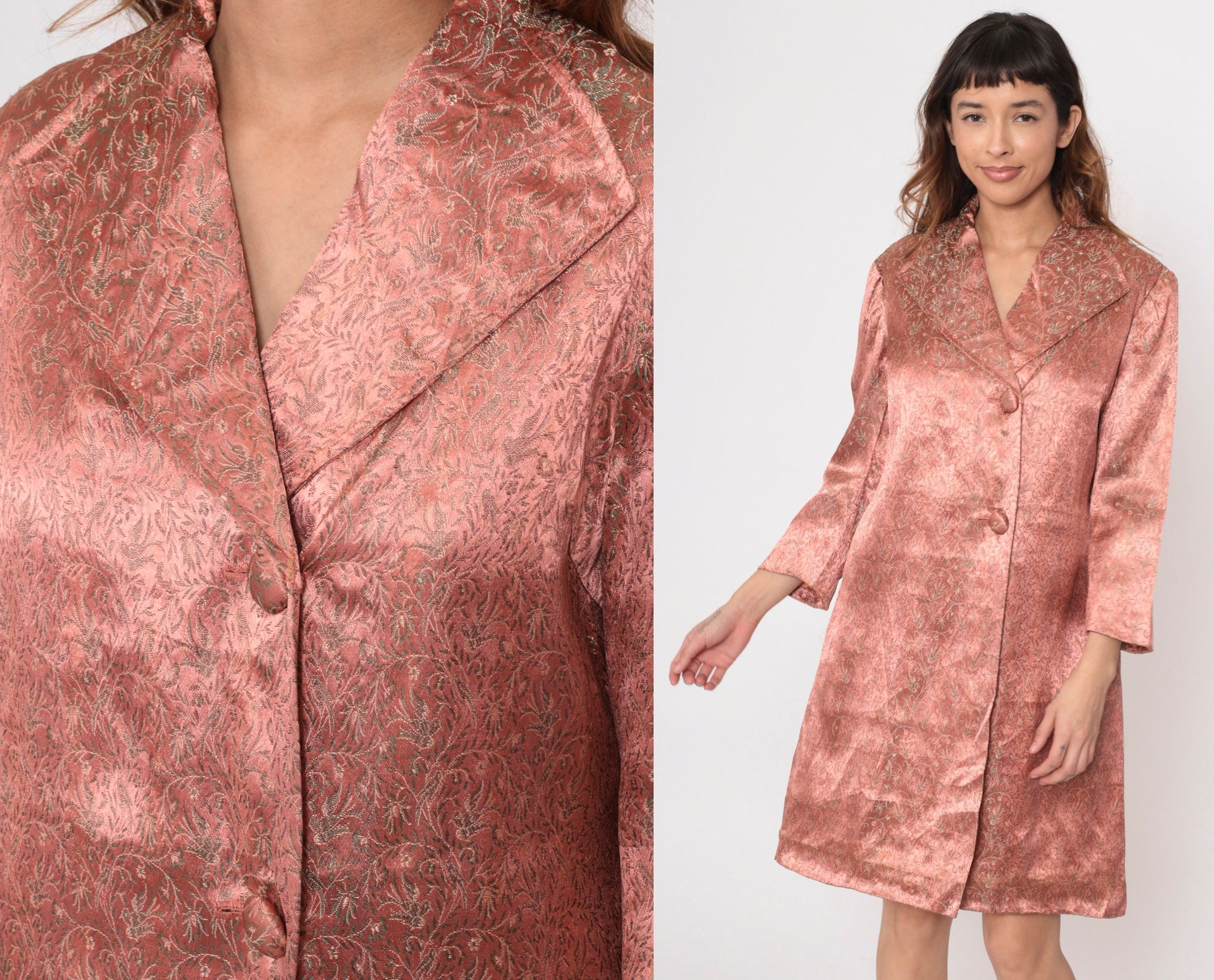 60s Pink Brocade Jacket Floral Bird Design Knee Length Button Up Medium
