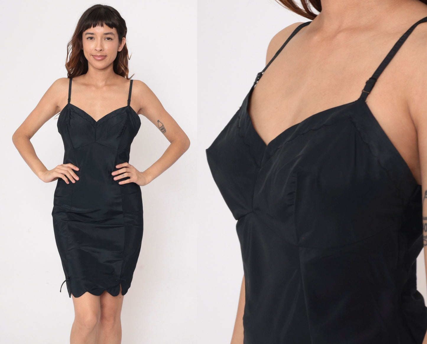 60s Black Slip Dress Scalloped Hem Sweetheart Neckline Spaghetti Strap Small