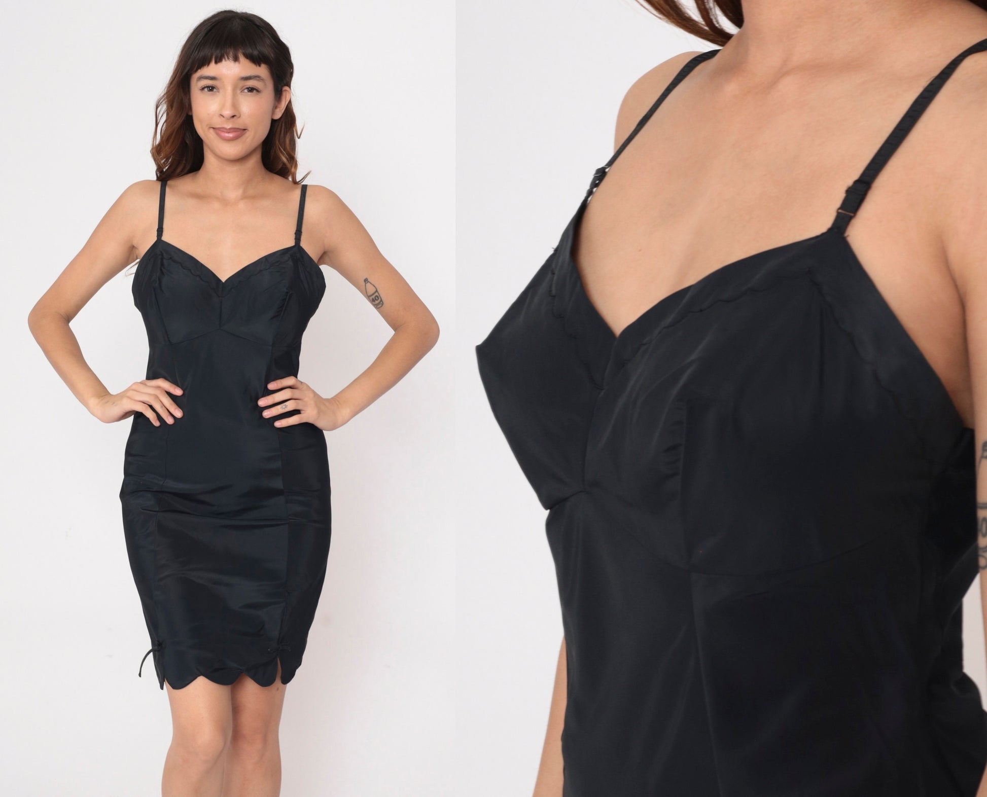 60s Black Slip Dress Scalloped Hem Sweetheart Neckline Spaghetti Strap Small