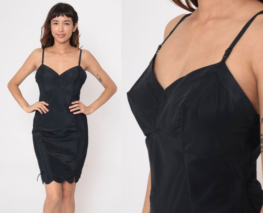 60s Black Slip Dress Scalloped Hem Sweetheart Neckline Spaghetti Strap Small