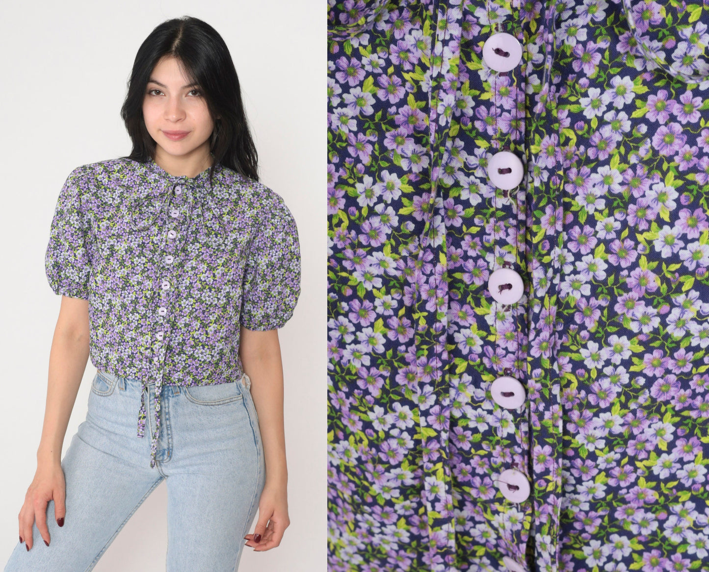 90s Purple Floral Crop Top Puff Sleeve Button-Up Blouse Tie Neck Small