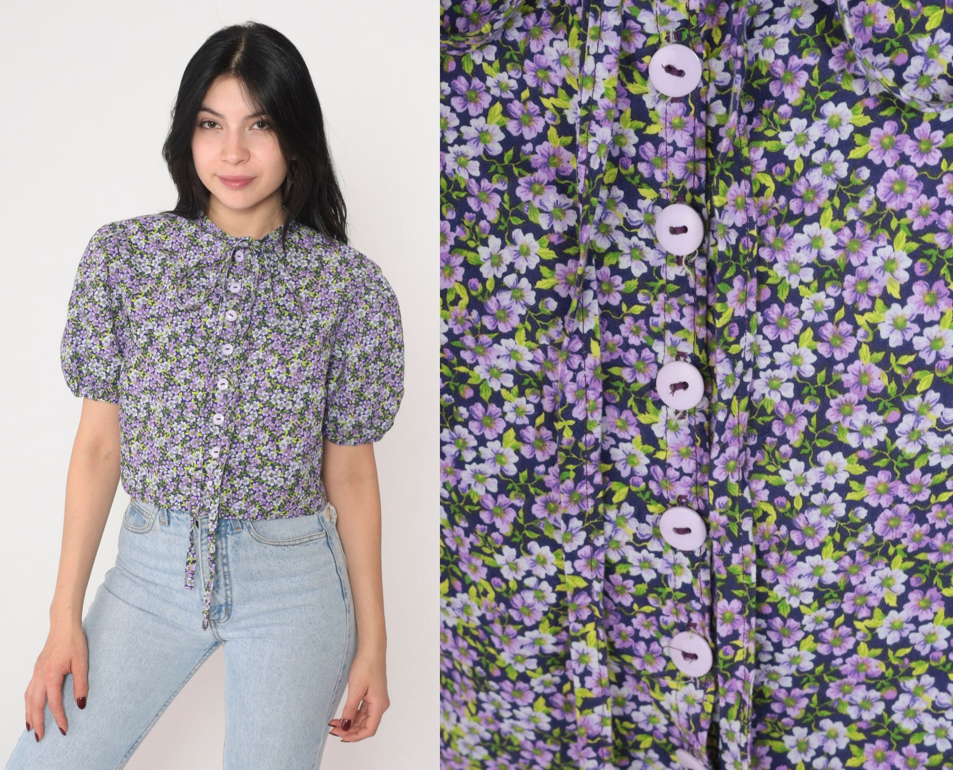 90s Purple Floral Crop Top Puff Sleeve Button-Up Blouse Tie Neck Small
