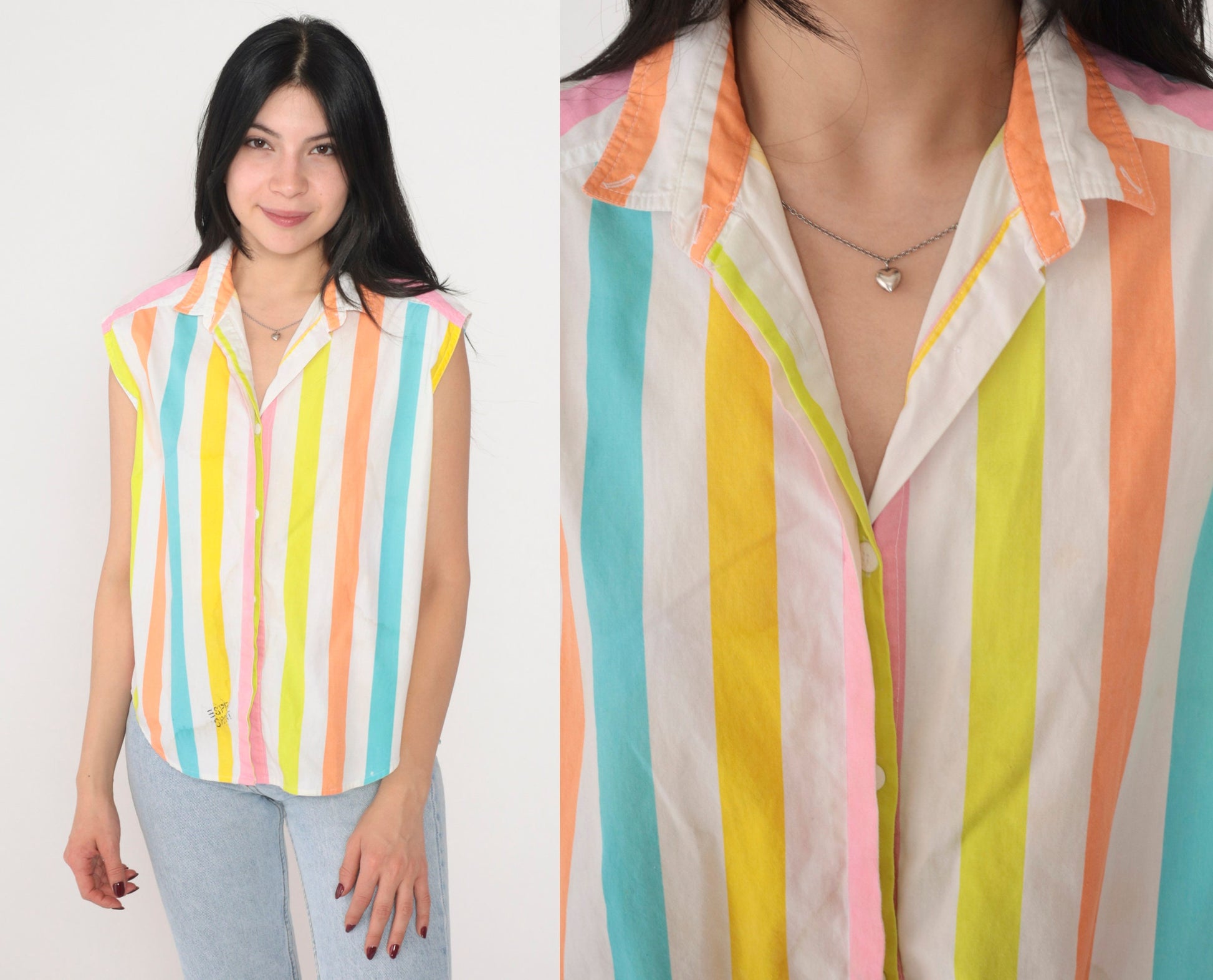 90s Esprit Sport Striped Tank Top Collared Sleeveless Blouse Small S