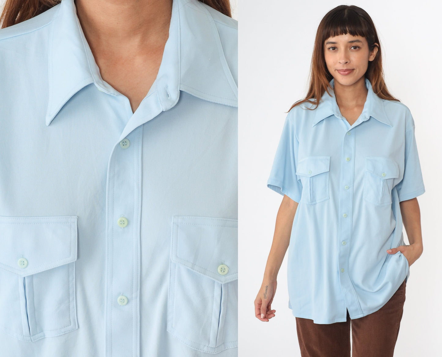 70s Baby Blue Dagger Collar Button-Up Shirt Short Sleeve Extra Large