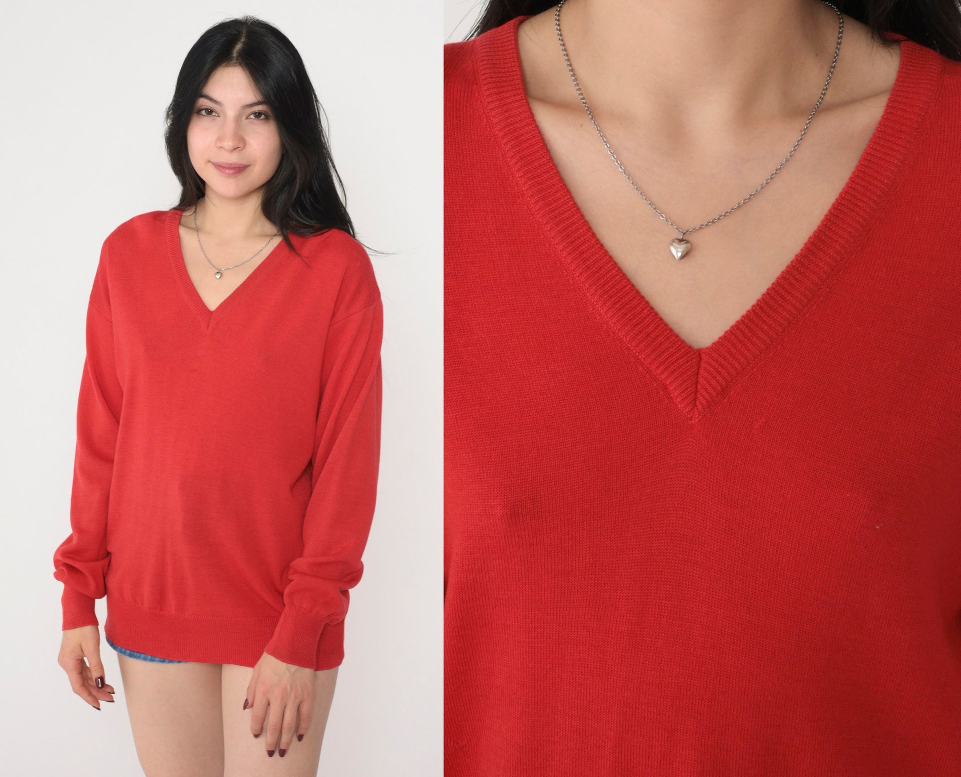 70s Chiemar Red Wool V-Neck Pullover Sweater Medium M
