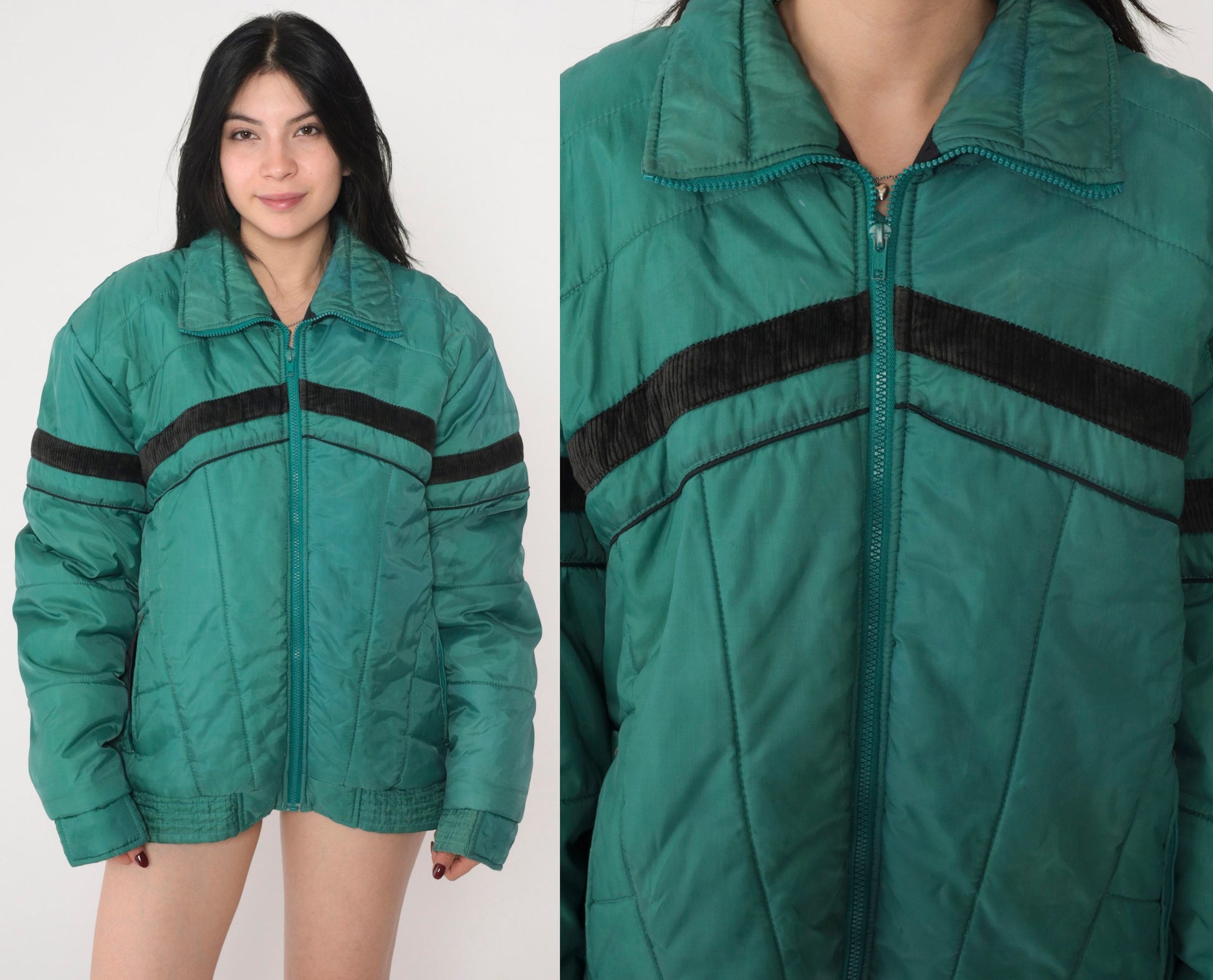 70s Green Puffer Ski Jacket Black Stripe Zip Nylon Insulated Large