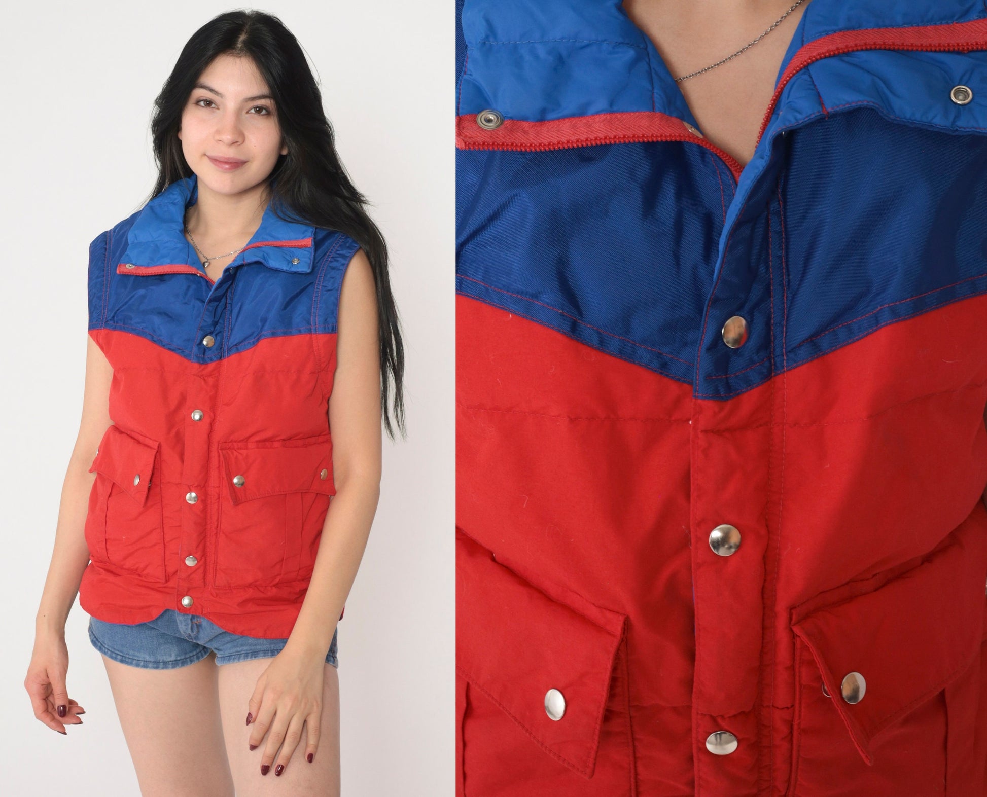 80s Snow Creek Goose Down Puffer Vest Blue Red Color Block Small