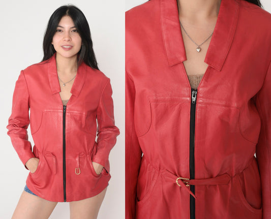 80s Dark Pink Leather Moto Jacket Rhinestone Belt Zip Small