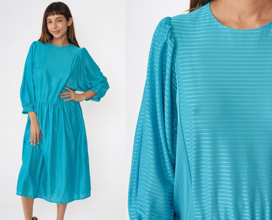 80s Turquoise Striped Midi Dress Dolman Sleeve High Waist Large