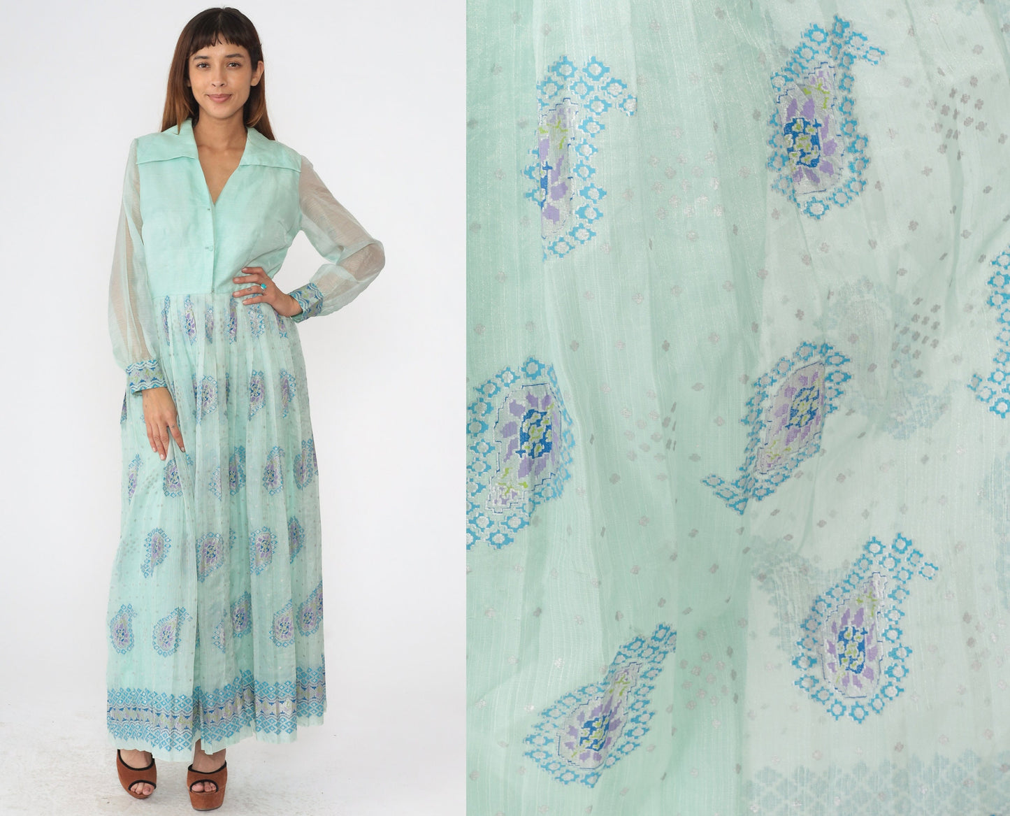 70s Alfred Shaheen Mint Paisley Maxi Dress V-Neck Sheer Sleeve Medium