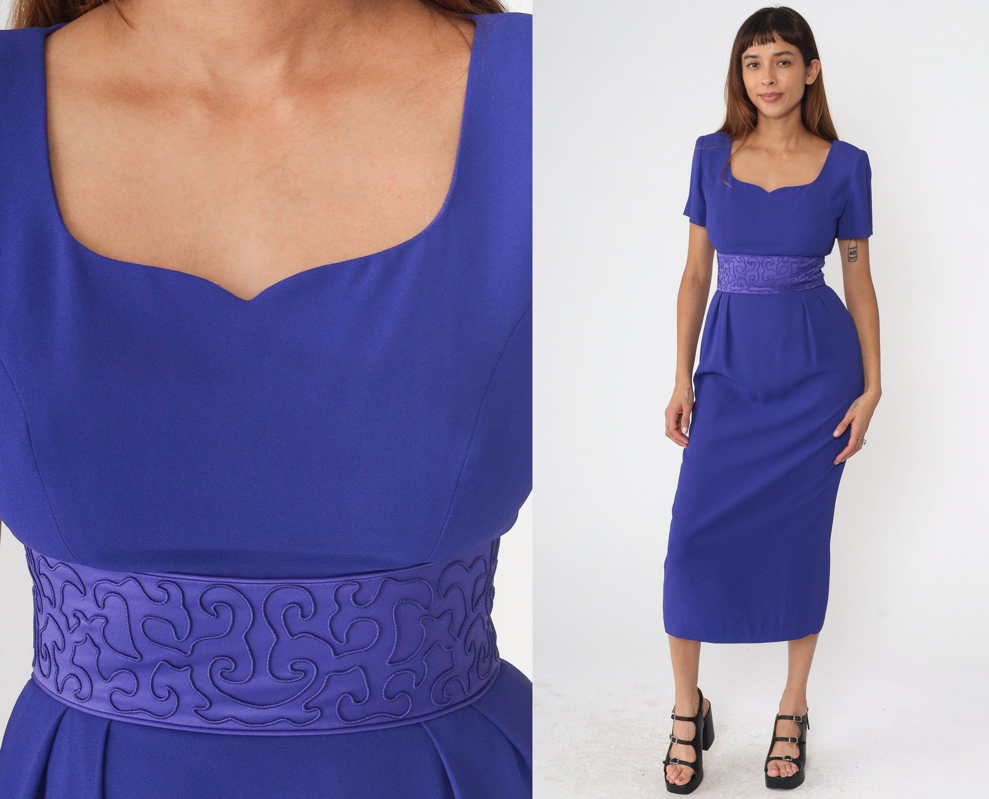 90s Donna Morgan Purple Soutache Midi Sheath Dress Pleated Pencil Small 4