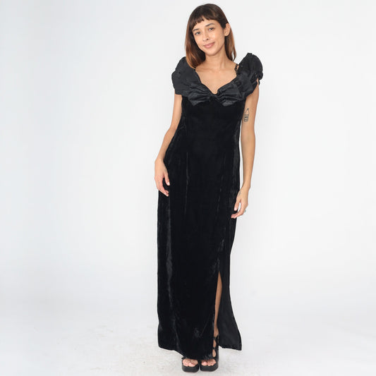 90s Black Velvet Maxi Dress Bow High Slit Sleeveless Evening Gown Large