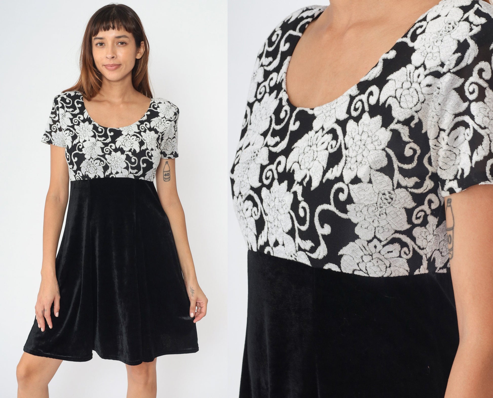 90s Molly Malloy Floral Velvet Mini Dress Black White Empire Waist Small Medium