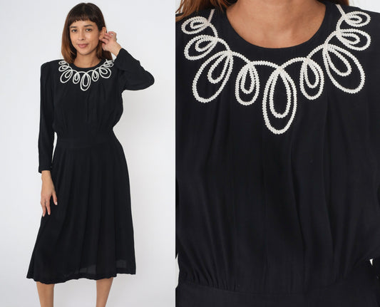 90s Black Midi Dress White Soutache Trim Power Shoulder Puff Sleeve Small