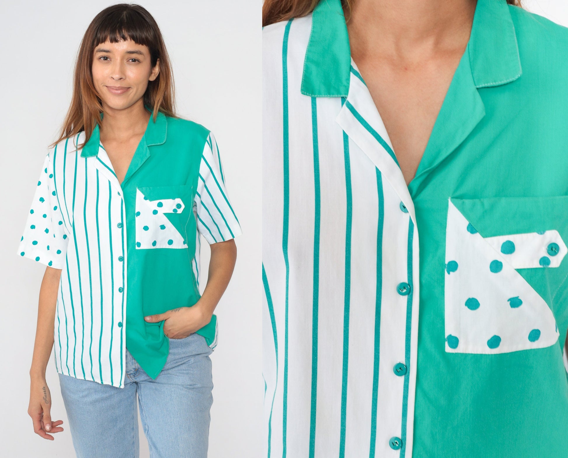 90s Colour Block Button-Up Blouse White Green Polka Dot Stripe Cotton Large L