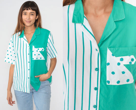 90s Colour Block Button-Up Blouse White Green Polka Dot Stripe Cotton Large L
