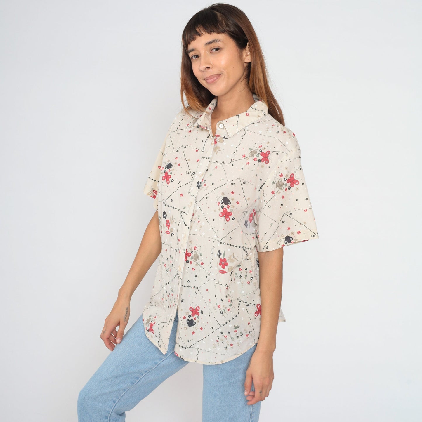 90s Floral Butterfly Button-Up Blouse Short Sleeve Cotton Shirt Extra Large XXL