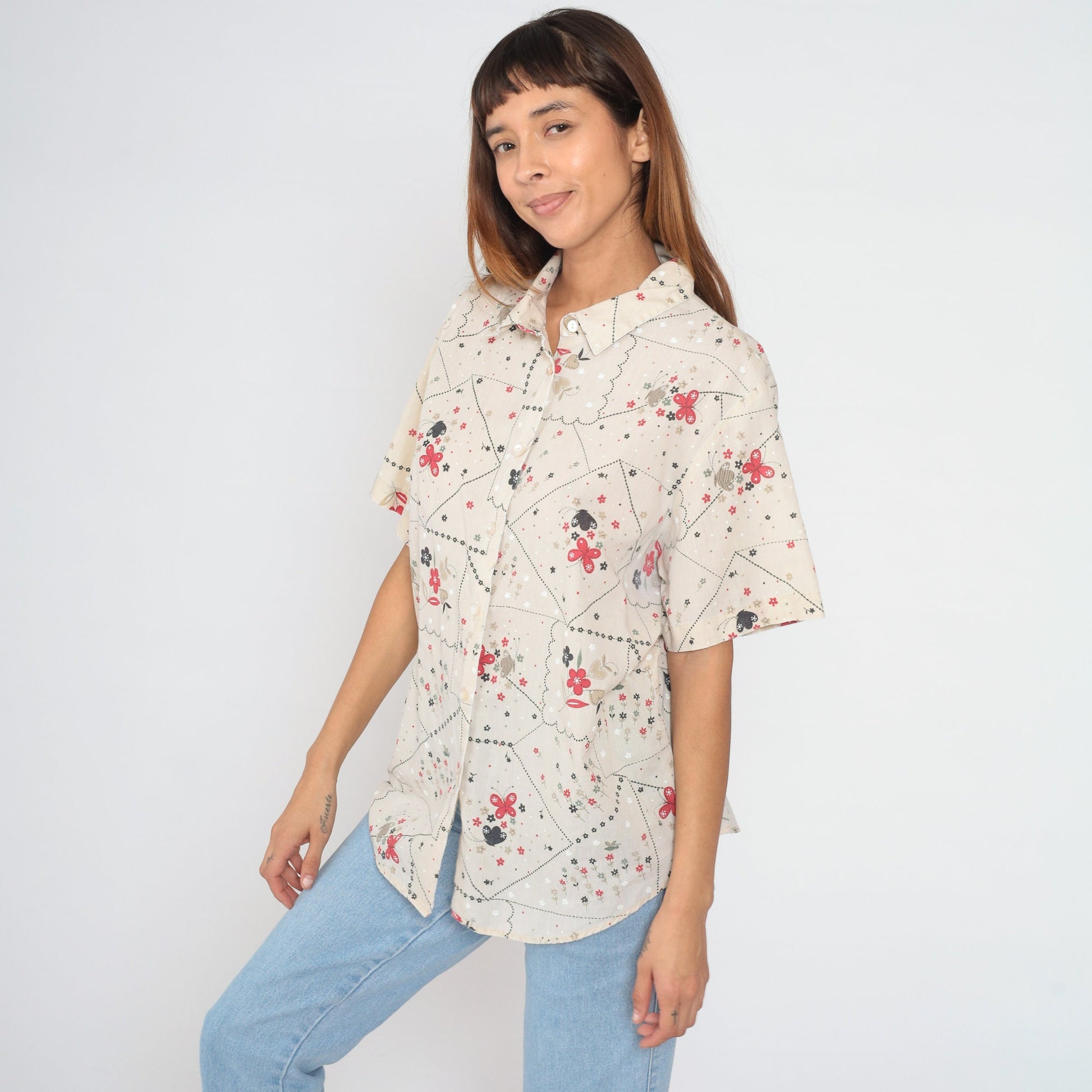 90s Floral Butterfly Button-Up Blouse Short Sleeve Cotton Shirt Extra Large XXL