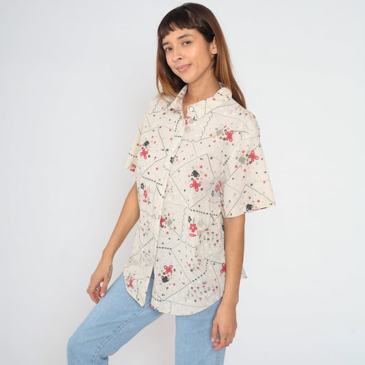 90s Floral Butterfly Button-Up Blouse Short Sleeve Cotton Shirt Extra Large XXL
