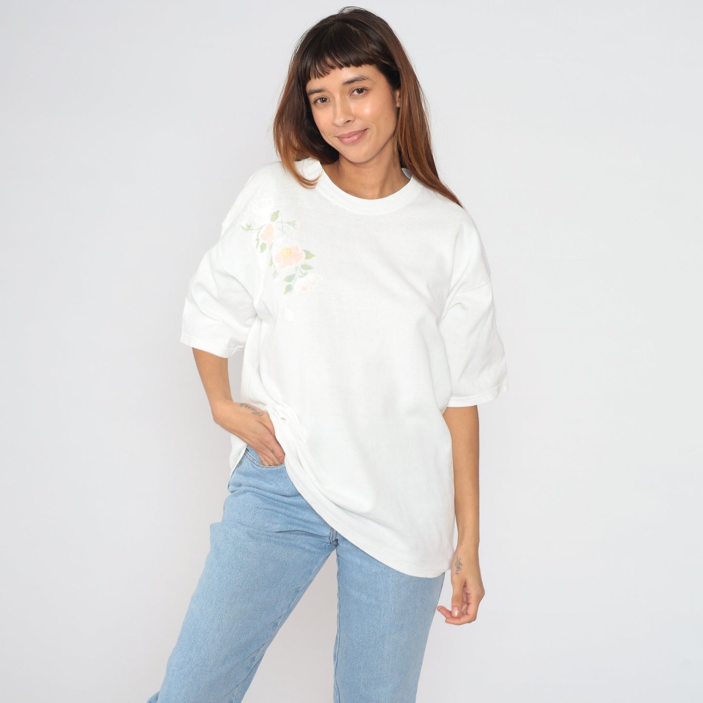 90s Lee White Floral Graphic T-Shirt Cotton Crewneck Large