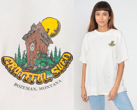 Y2K Grateful Shed Bozeman Montana Graphic T-Shirt White Cotton Extra Large XL