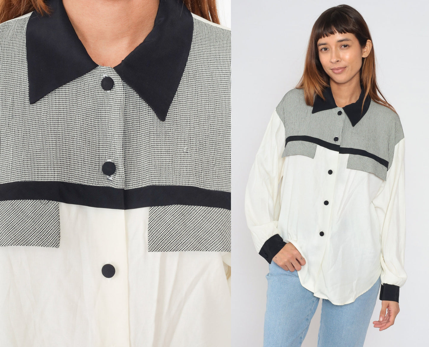90s Black and White Gingham Checkered Button-Up Blouse Long Sleeve Collared Medium