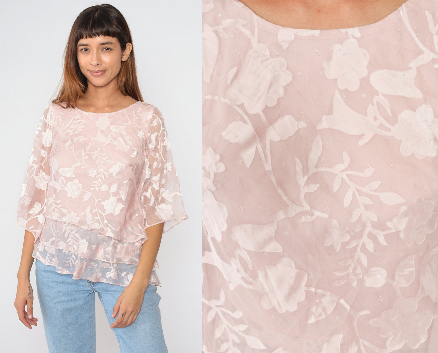Y2K Pink Floral Blouse Alex Evenings Sparkly Wide Sleeve Small