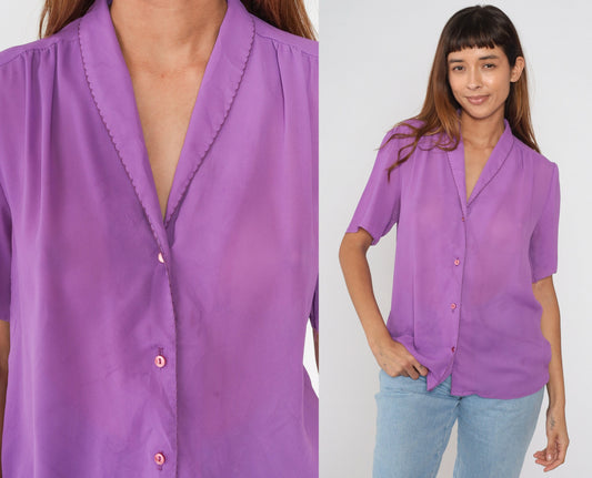80s Purple Puff Sleeve Blouse Button Up Pleated Collared Top Large