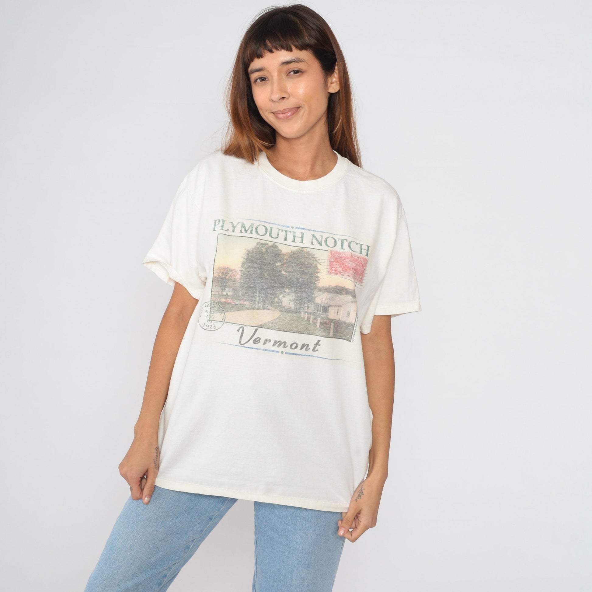 00s Plymouth Notch Vermont Graphic T-Shirt Off-White Cotton Tee Large L