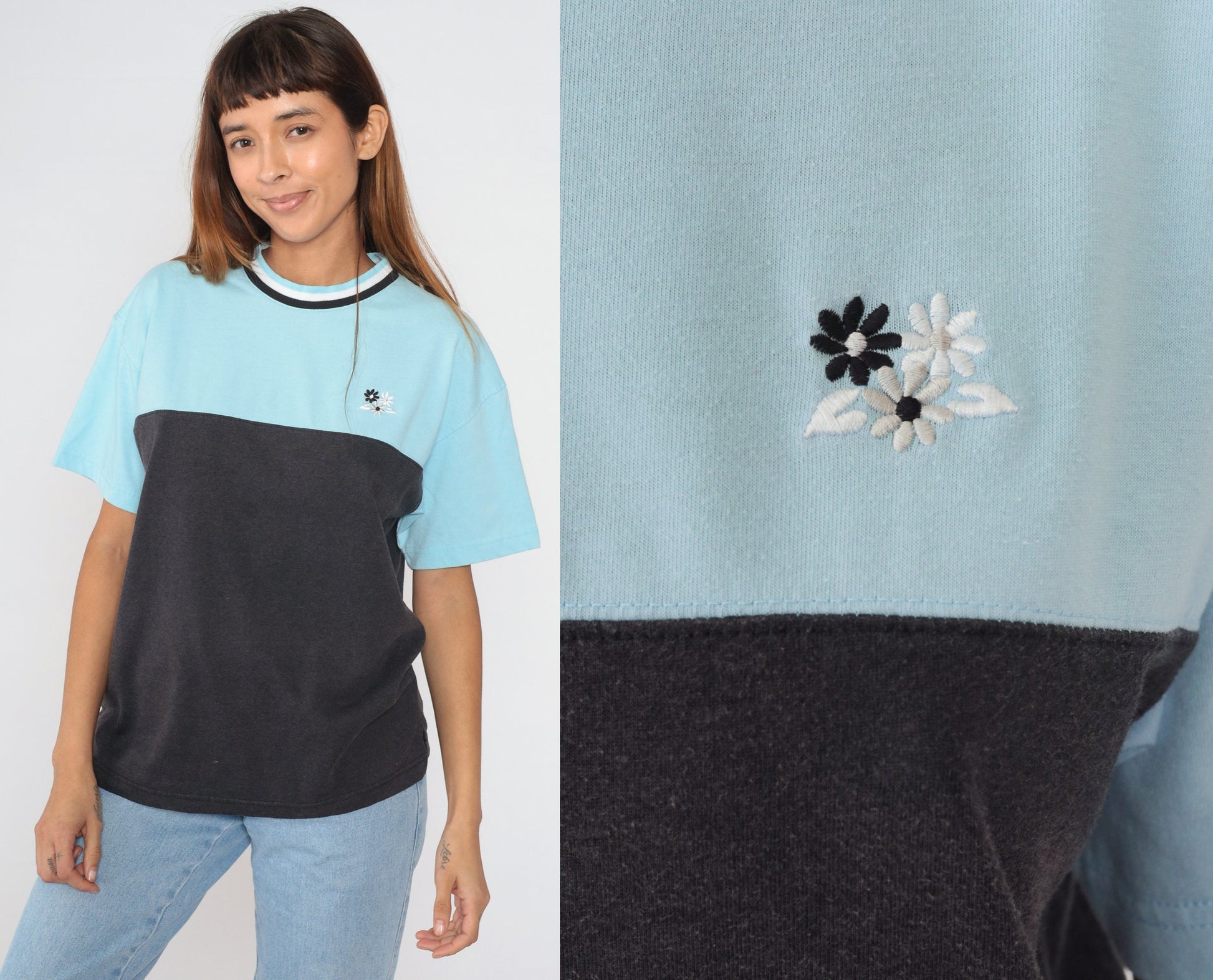 90s Colorblock Ringer Tee Embroidered Floral Blue Black Medium