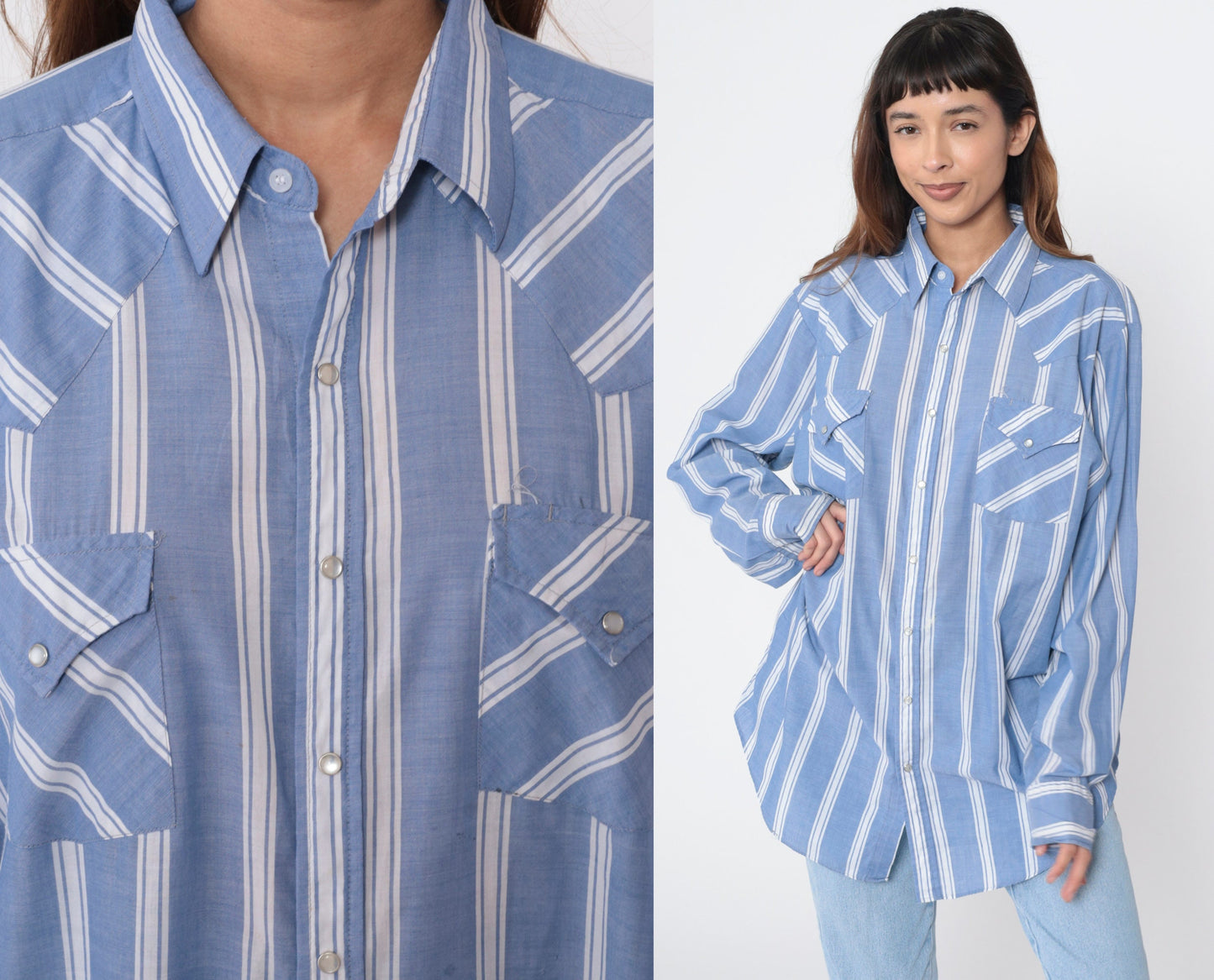 90s Western Pearl Snap Shirt Blue White Striped Long Sleeve Men's Extra Large