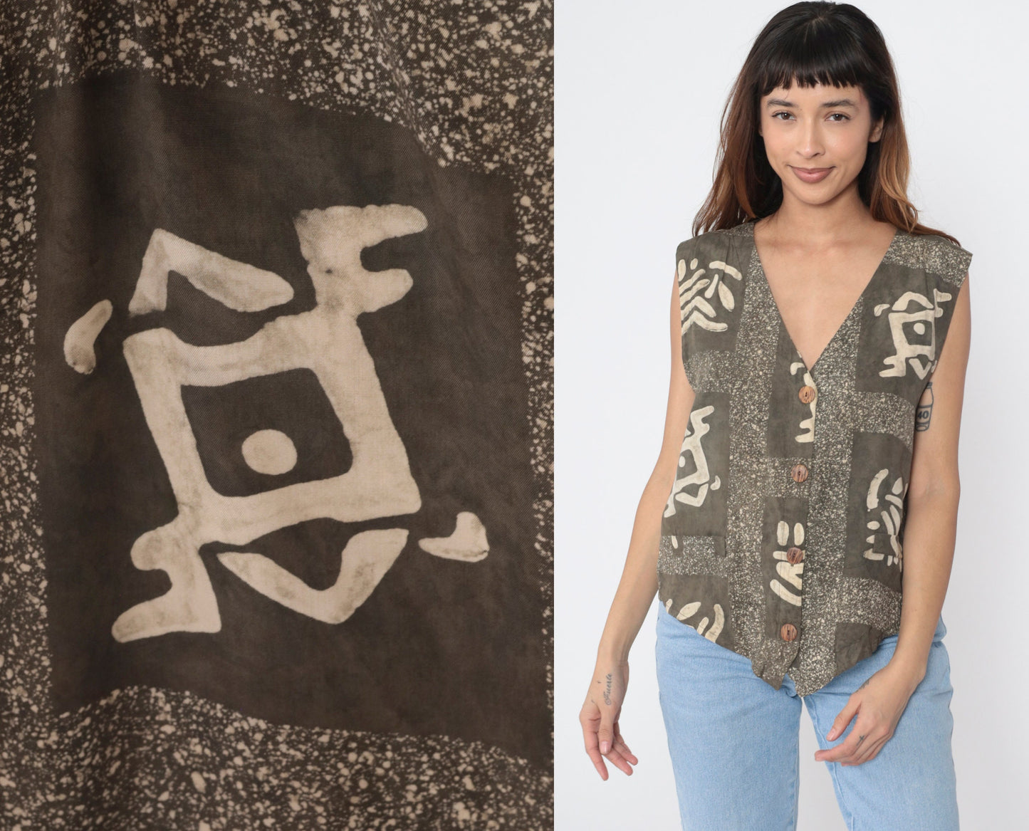 Y2K Petroglyph Print Vest Brown Rayon V-Neck Button-Up Sleeveless Large L