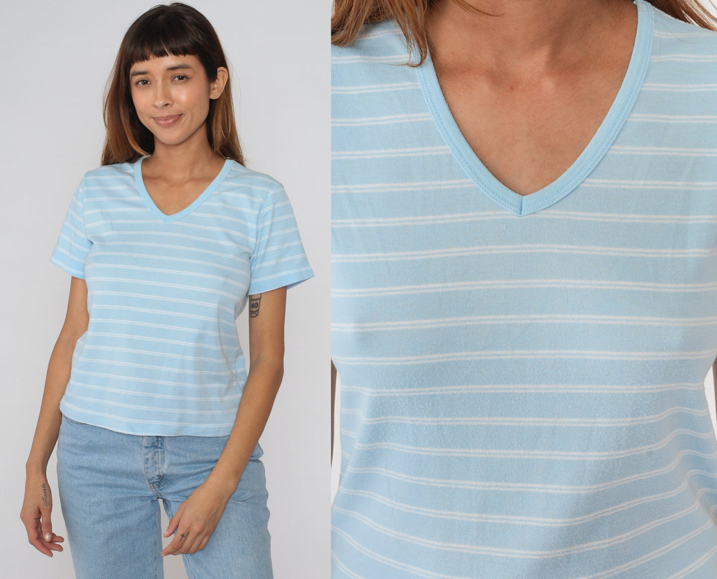 90s Blue White Striped V-Neck T-Shirt Cotton Tee Medium M