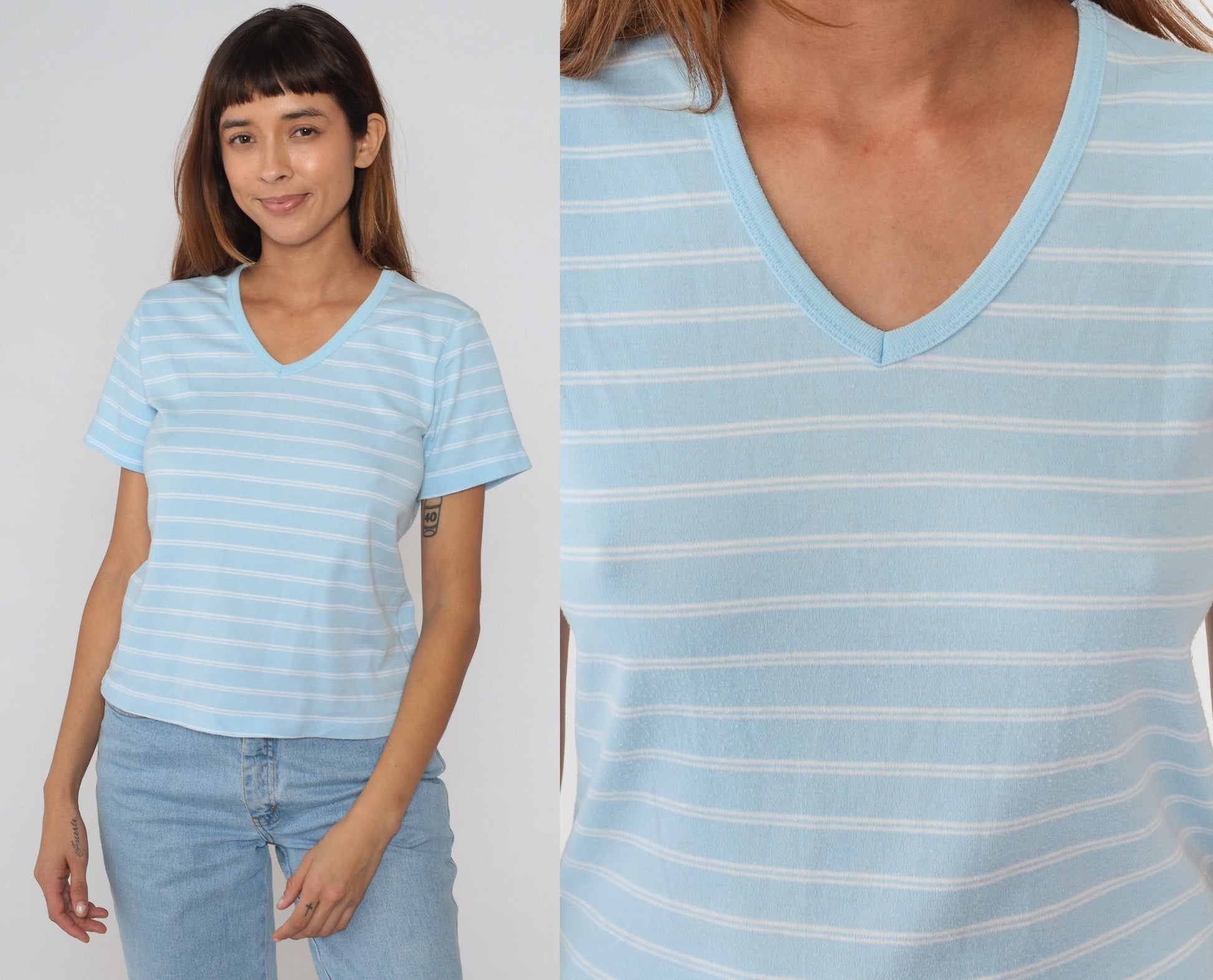 90s Blue White Striped V-Neck T-Shirt Cotton Tee Medium M