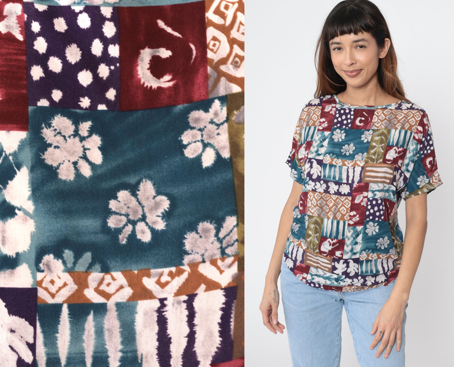 90s Patchwork Floral Geometric Short Sleeve Blouse Blue Burgundy Medium
