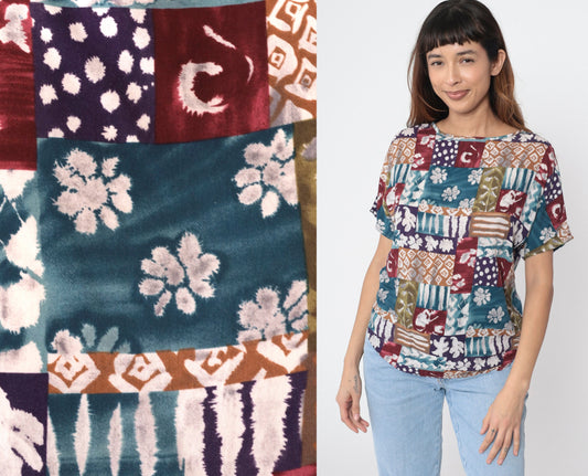 90s Patchwork Floral Geometric Short Sleeve Blouse Blue Burgundy Medium