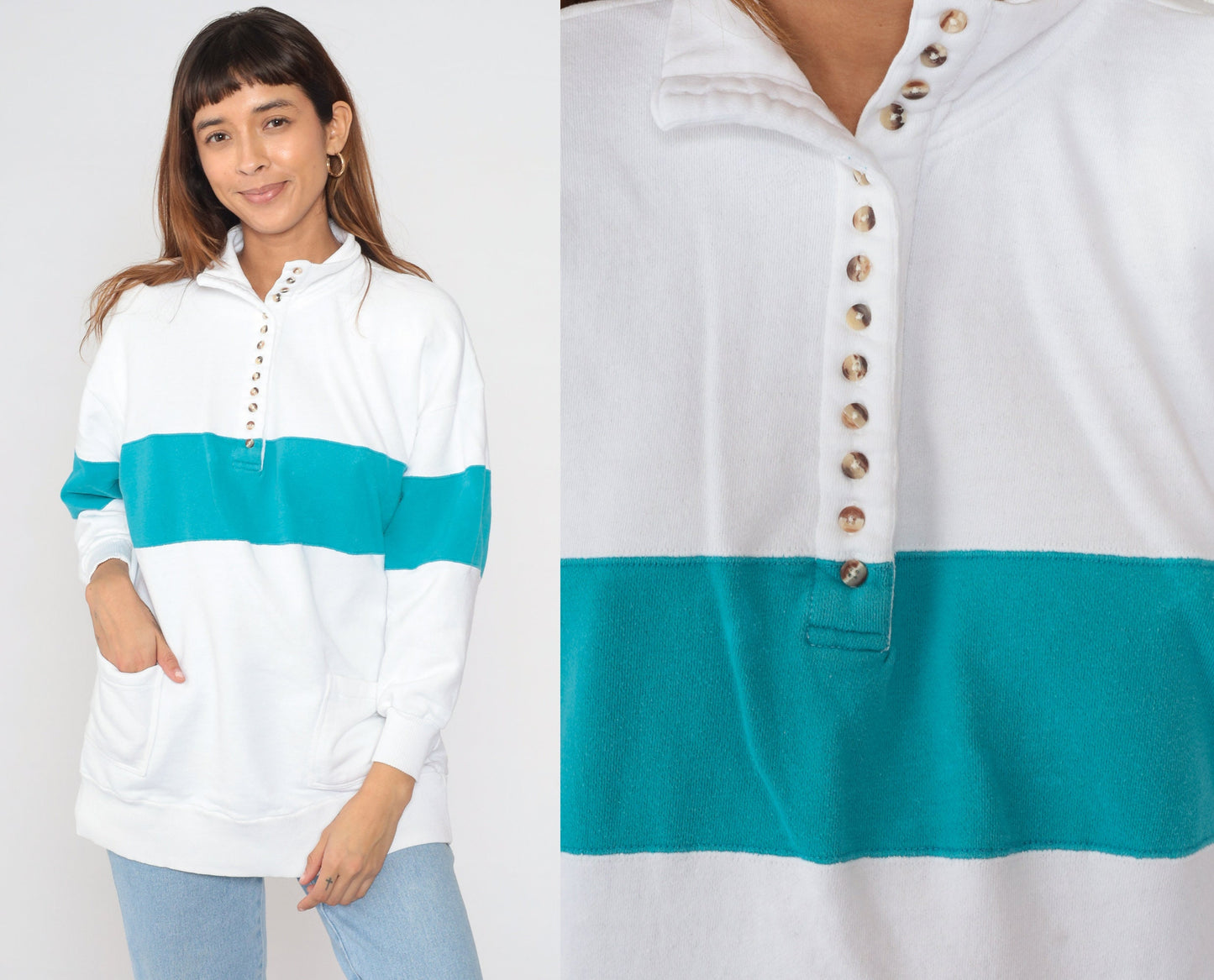 90s Striped Henley Sweatshirt White Blue Button-Up Pullover Cotton Large L