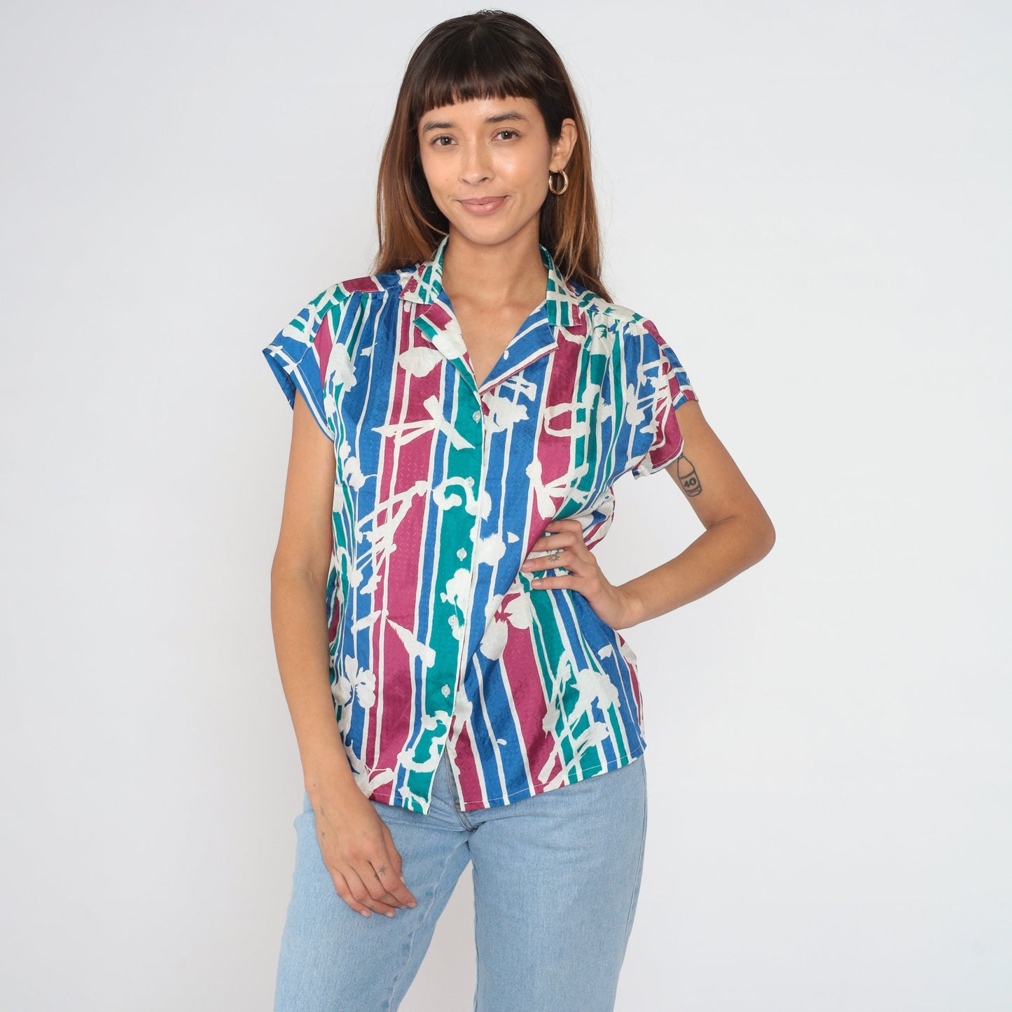 90s Tanjay Striped Floral Button-Up Blouse Cap Sleeve Multicolor Medium