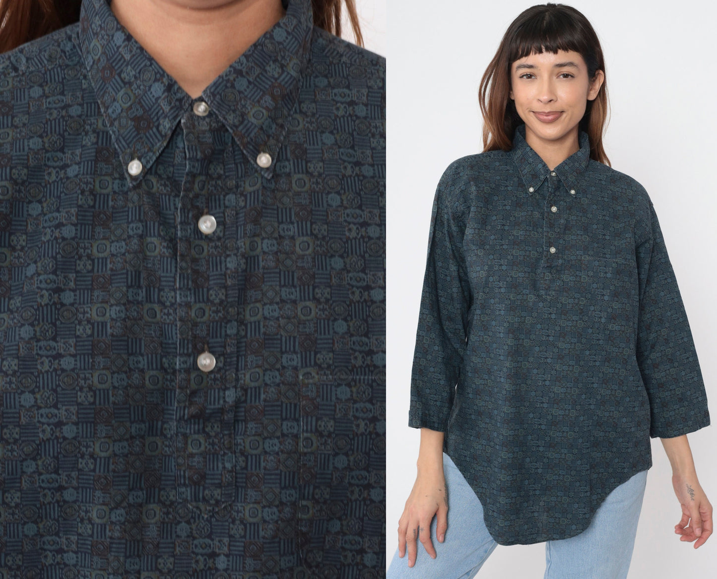 90s Towncraft Polo Shirt Blue Geometric Print Quarter Button 3/4 Sleeve Large L