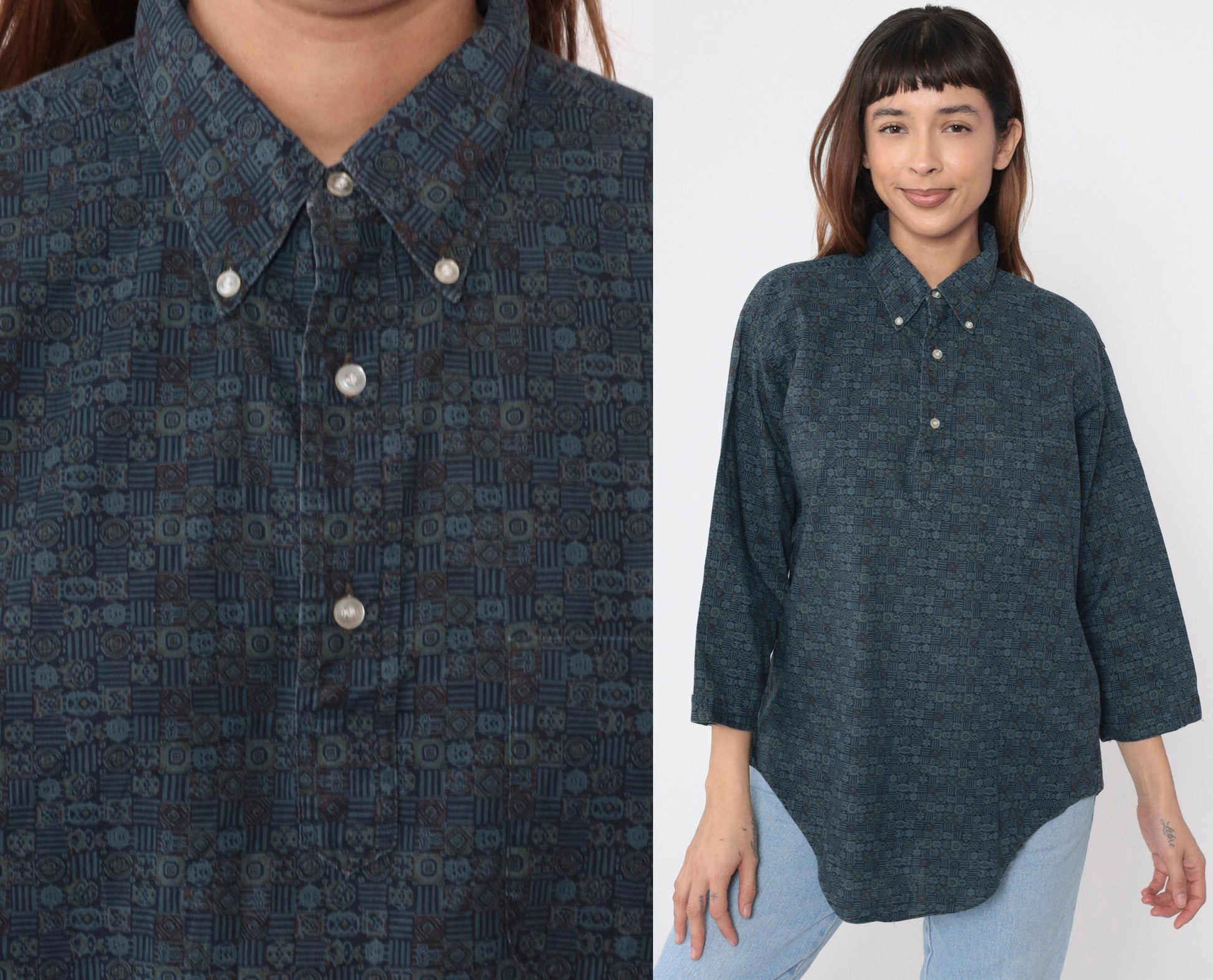 90s Towncraft Polo Shirt Blue Geometric Print Quarter Button 3/4 Sleeve Large L