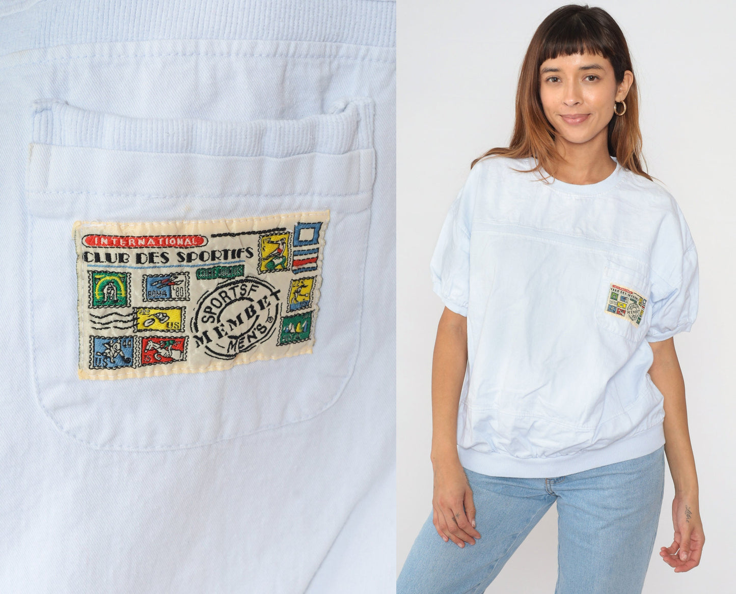 90s Club Des Sportifs White Logo T-Shirt Banded Hem Chest Patch Large L
