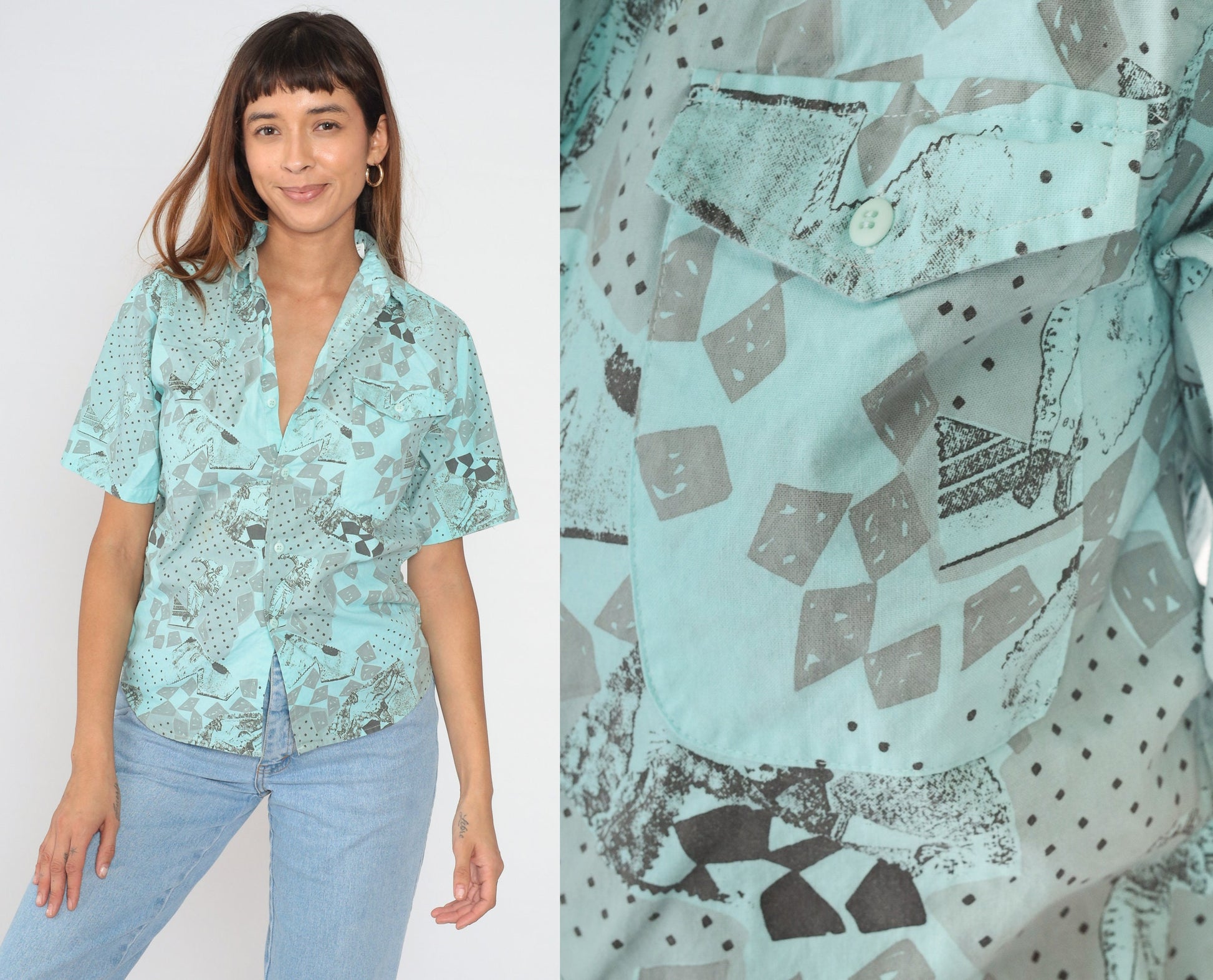 90s Permit Blue Button-Up Shirt Abstract Football Soccer Player Print Medium