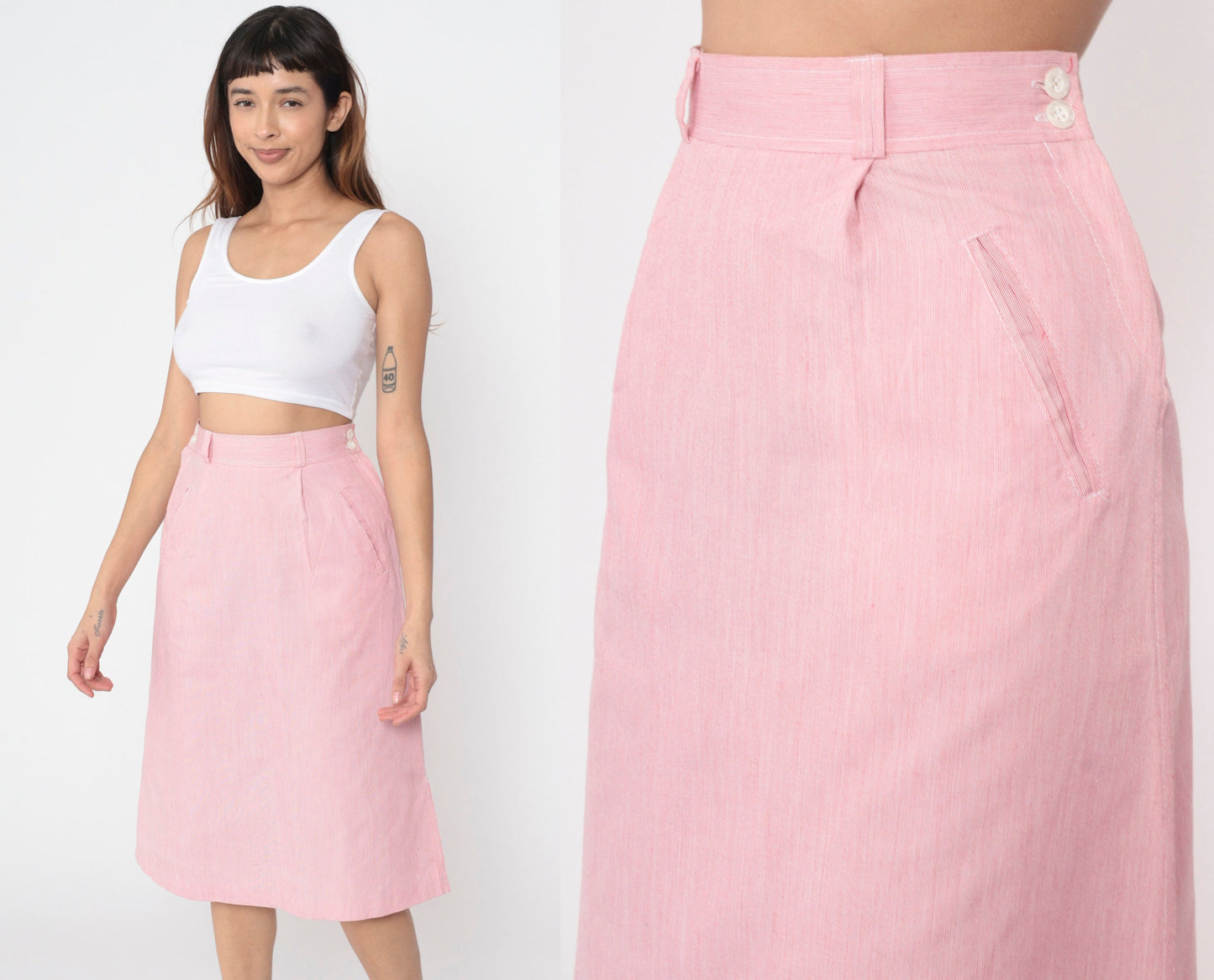 80s Pink Pinstriped Midi Skirt High Waist Straight Cut Small S