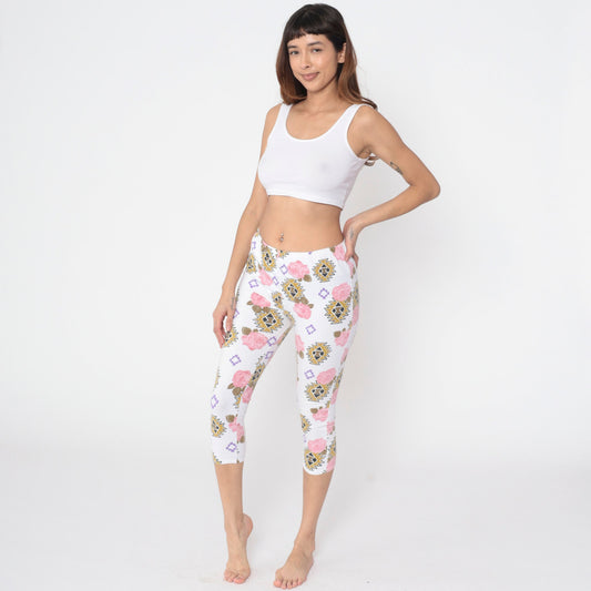 90s Floral Southwestern Capri Leggings White Pink Rose High Waist Extra Small
