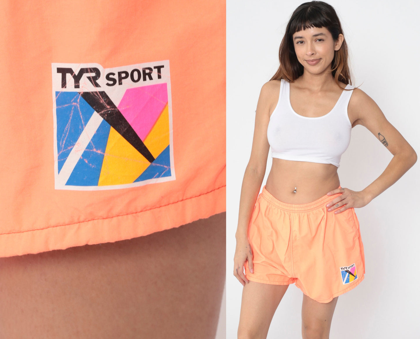 90s Tyr Sport Neon Orange Nylon Swim Shorts High Waist Medium