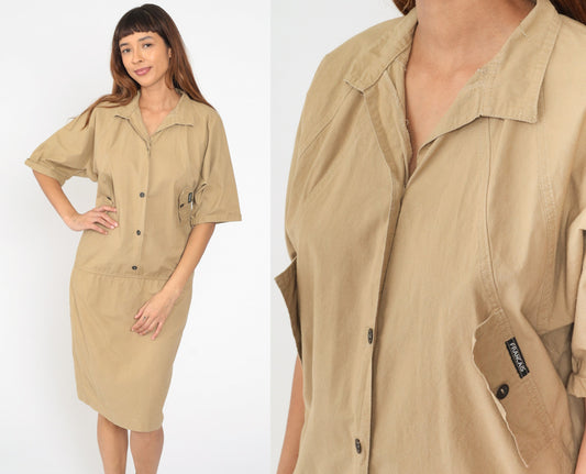 80s Khaki Cargo Shirt Dress Button-Up Raglan Midi Sheath Medium