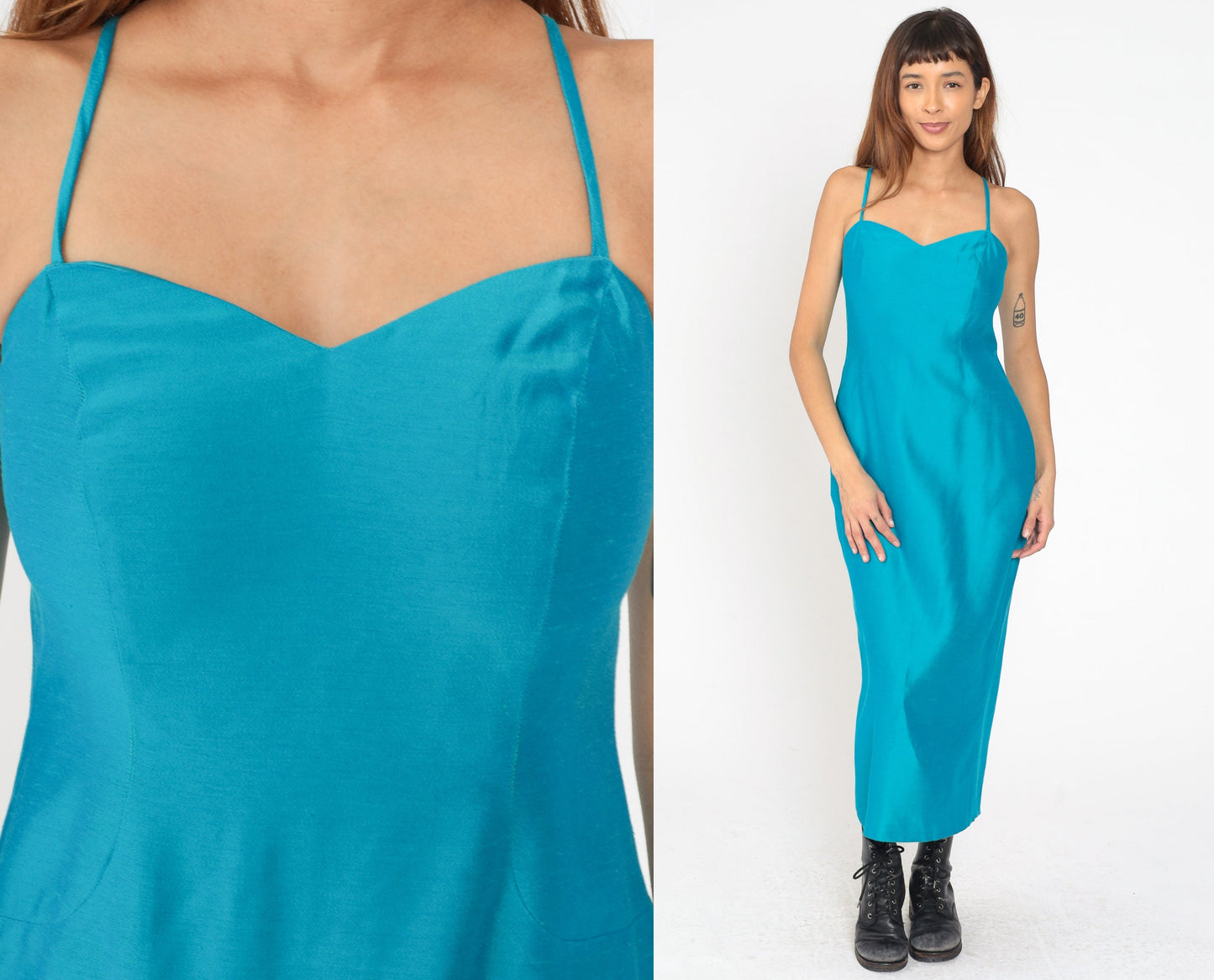 60s House of Bianchi Blue Maxi Dress Sweetheart Neckline Spaghetti Strap Small