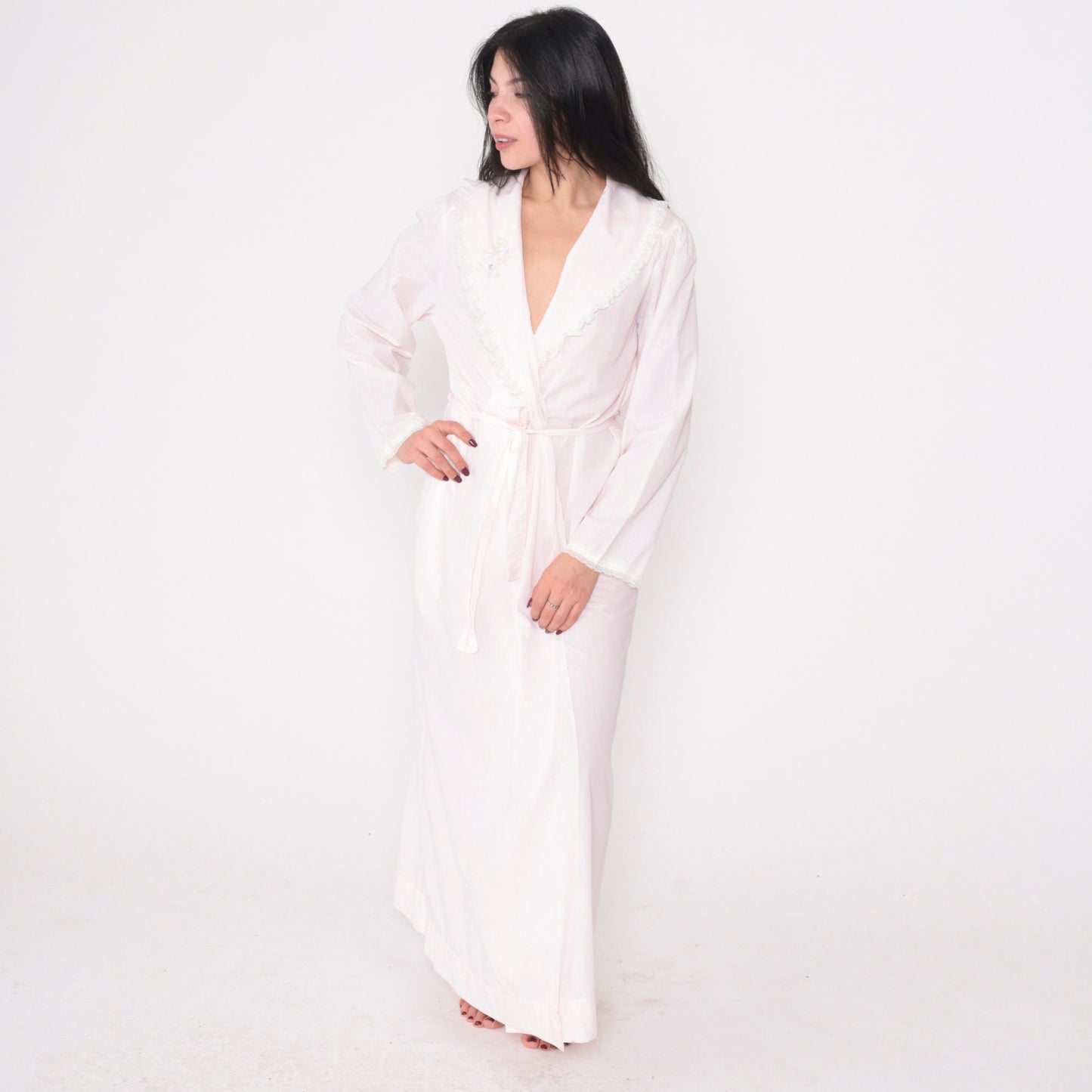 70s Lewis Frimel Pink Maxi Lingerie Robe Lace Floral Embroidered Tie Front Small