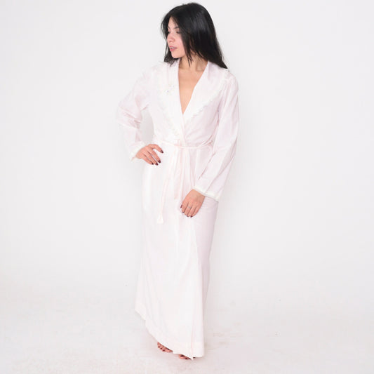 70s Lewis Frimel Pink Maxi Lingerie Robe Lace Floral Embroidered Tie Front Small